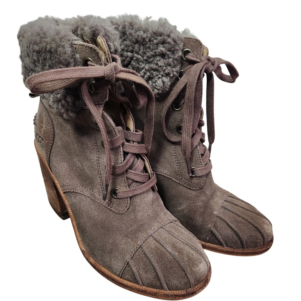 UGG taupe sueded leather heeled lace up boots 7.5 Cabincore - Picture 3 of 9